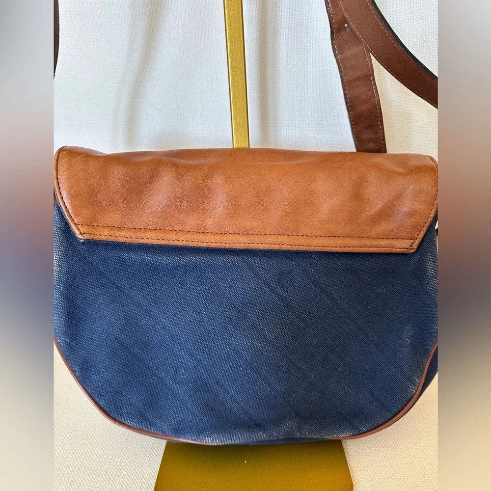 Etienne Aigner Vintage tan brown leather and denim fabric crossbody bag